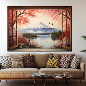 Offenes Fenster mit Blick auf den Berg Fuji Leinwanddruck, Sakura Blossom Painting, Japanische Landschaft, Berg Fuji Wandkunst, gerahmt und fertig zum Aufhängen