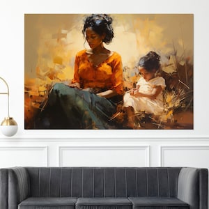 Schöne afrikanische Frau mit Kind Ölgemälde Leinwanddruck, schwarze Frau Druck, afrikanische Wandkunst, gerahmt und fertig zum Aufhängen
