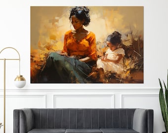 Beautiful African Woman with Child Oil Painting Canvas Print, Black Woman Print, African Wall Art, Framed and Ready to Hang