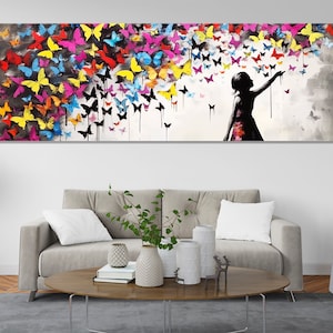 Street Art Leinwand Druck, Banksy Style Wandkunst, Graffiti Leinwand Kunst, Schmetterling Mädchen, Graffiti Street Art Malerei, gerahmt und fertig zum Aufhängen