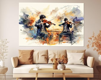 Impresión en lienzo de pintura abstracta de violinistas, arte mural de música clásica, regalo de violinista, enmarcado y listo para colgar.