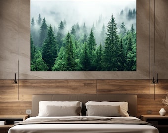 Pine Forest Covered with Fog Canvas Print, Misty Forest Wall Art, Foggy Forest Canvas Art, Dense Forest Painting, Framed and Ready to Hang