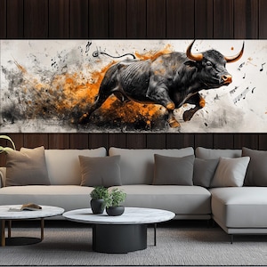 Abstract Charging Bull Painting Canvas Print, Musci Wall Art, Trading Wall Art, Bull with Music Notes Poster, Framed and Ready to Hang