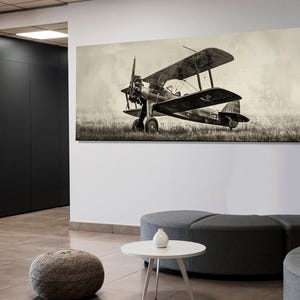 Vintage Biplane Canvas Print, Retro Plane Panoramic Print, Aircrafts Wall Art, Pilot Gift, Vintage Aviation Wall Art, Framed & Ready to Hang