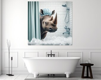 Cute Rhino in the Bathroom Painting Canvas Print, Bathroom Wall Decor, Framed and Ready to Hang