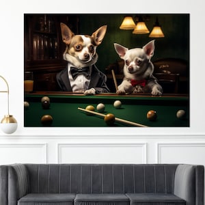 Chihuahua Playing Billiards Canvas Print, Billiards Wall Art, Chihuahua Painting, Man Cave Wall Art, Framed and Ready to Hang