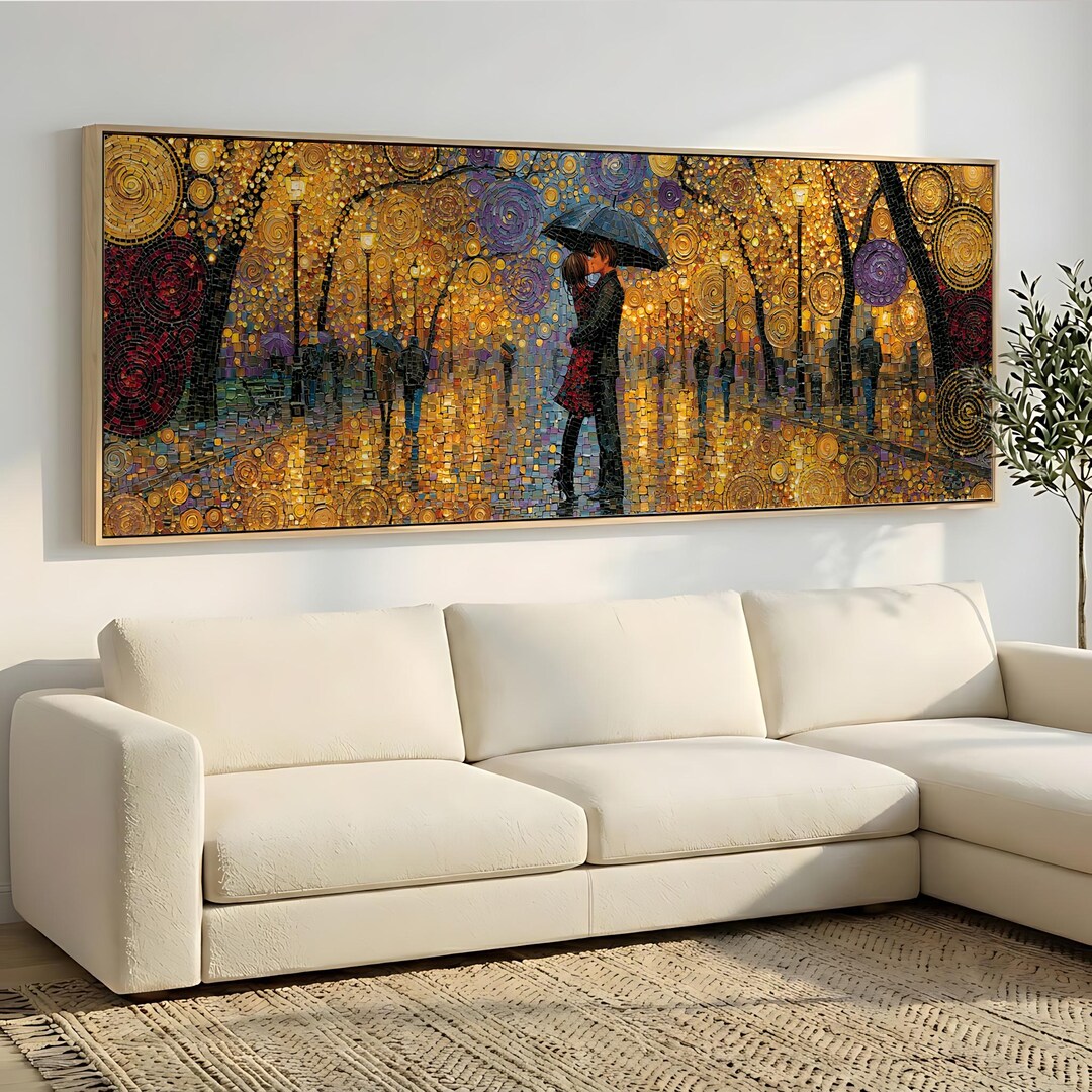 Kissing Couple Canvas Print, Romantic Rain Scene Art, Mosaic Style Wall ...