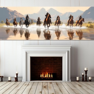 Cowboys on Horses Painting Canvas Print, Large Wild West Wall Art, Retro Style Cowboys Painting, Framed and Ready to Hang
