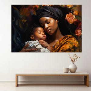 African Woman with Child Painting Canvas Print, Black Woman Print, African Wall Art, Framed and Ready to Hang