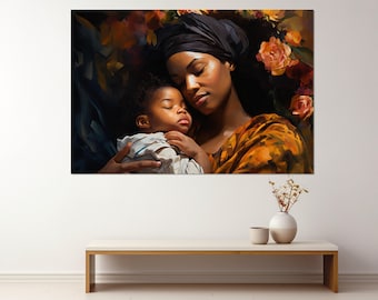 African Woman with Child Painting Canvas Print, Black Woman Print, African Wall Art, Framed and Ready to Hang