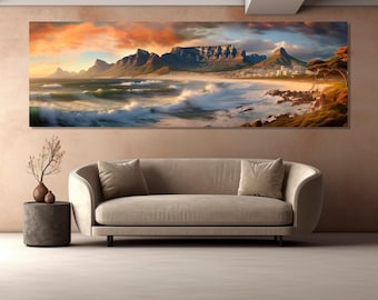 Scenic Cape Town Panorama, Cape Town Canvas Print, Cape Town Painting, Large South Africa Wall Art, Framed and Ready to Hang
