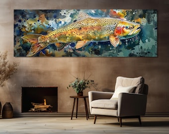 Große Regenbogenforelle Leinwanddruck, Fischen Wandkunst, Regenbogenforelle Gemälde, Fischer Geschenk, Fischen Malerei, gerahmt und fertig zum Aufhängen