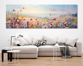 Wild Flowers Field Oil Painting Canvas PRINT, Panoramic Wall Art, Large Floral Canvas Art, Framed and Ready to Hang