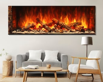 Large Fireplace Painting Canvas Print, Fireplace Wall Art, Contemporary Wall Art, Modern Home Decor, Framed and Ready to Hang