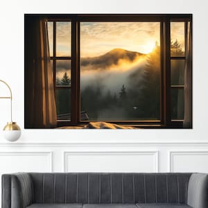 Open Window with Mountains and Forest View Painting Canvas Print, Fog over Mountains Canvas Art, Framed and Ready to Hang