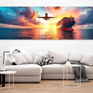 Cargo Wandkunst, Flugzeug und Frachtschiff Leinwanddruck, Luft- und Seetransport Leinwandkunst, Fracht Büro Wanddekor, Containerschiffdruck
