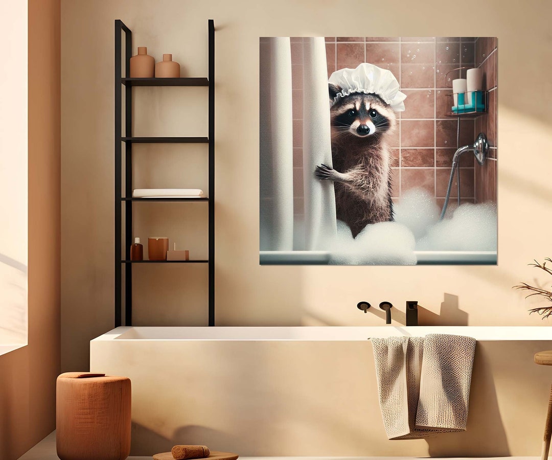 Cute Raccoon in the Bathroom Painting Canvas Print, Bathroom Wall Art ...