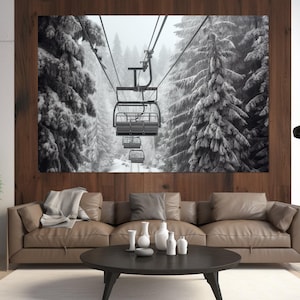 Impresión en lienzo de telesilla escénica, póster grande de telesilla, lienzo de teleférico de invierno, arte mural de invierno, regalo para esquiadores, enmarcado y listo para colgar. imagen 3