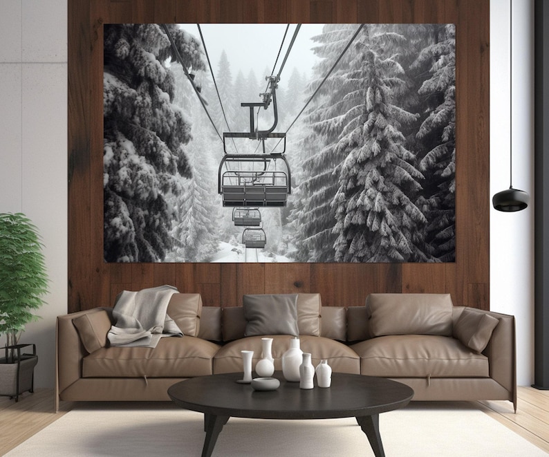 Impresión en lienzo de telesilla escénica, póster grande de telesilla, lienzo de teleférico de invierno, arte mural de invierno, regalo para esquiadores, enmarcado y listo para colgar. imagen 3