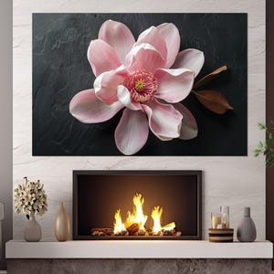 Soft Pink Magnolia Flower Canvas Print, Minimalist Floral Wall Art, Neutral Colors Wall Art, Magnolia Painting, Framed & Ready to Hang