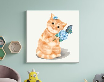 Cute Baby Kitty Canvas Print, Nursery Canvas Art, Baby Room Decor, Kids Room Wall Art, Watercolor Kitten Print