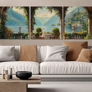 Lake Como Coast Oil Painting Canvas Print in a Vintage Style, Italy Wall Art, Lake Como Panorama, Lake Como Poster, Framed & Ready to Hang image 3