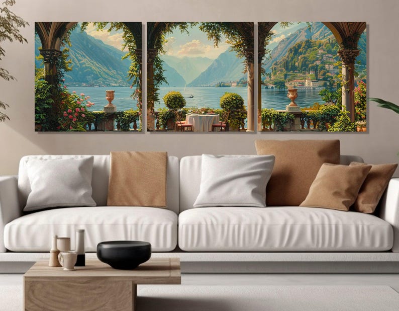 Lake Como Coast Oil Painting Canvas Print in a Vintage Style, Italy Wall Art, Lake Como Panorama, Lake Como Poster, Framed & Ready to Hang image 3