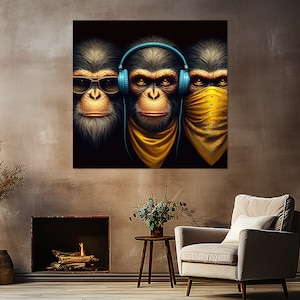 Three Wise Monkeys Canvas Print, No Hear No Speak No See Wall Art, Framed and Ready to Hang