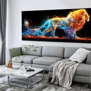 Abstrakcyjny wydruk na płótnie z lwem, obraz ze znakiem zodiaku Lew, prezent ze znakiem zodiaku Lew, sztuka ścienna z lwem, dekoracja ścienna do sypialni z lwem, oprawiony i gotowy do powieszenia