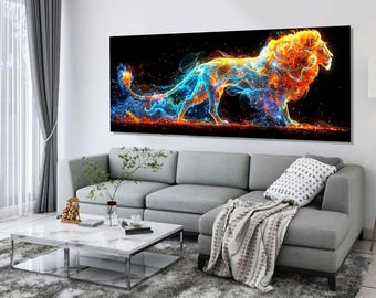 Abstrakter Löwe Leinwanddruck, Löwe Sternzeichen Malerei, Löwe Zeichen Geschenk, Löwen Wandkunst, Löwe Schlafzimmer Wanddekoration, gerahmt und fertig zum Aufhängen