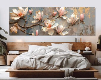Lienzo con estampado abstracto de flores de magnolia, pintura de magnolias rosa suave, arte floral de gran tamaño para pared, enmarcado y listo para colgar