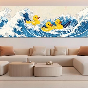Rubber Ducks on The Great Wave off Kanagawa Canvas Print, Abstract Japanese Wall Art, Funny Japanese Wall Decor, Framed and Ready to Hang