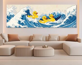 Rubber Ducks on The Great Wave off Kanagawa Canvas Print, Abstract Japanese Wall Art, Funny Japanese Wall Decor, Framed and Ready to Hang
