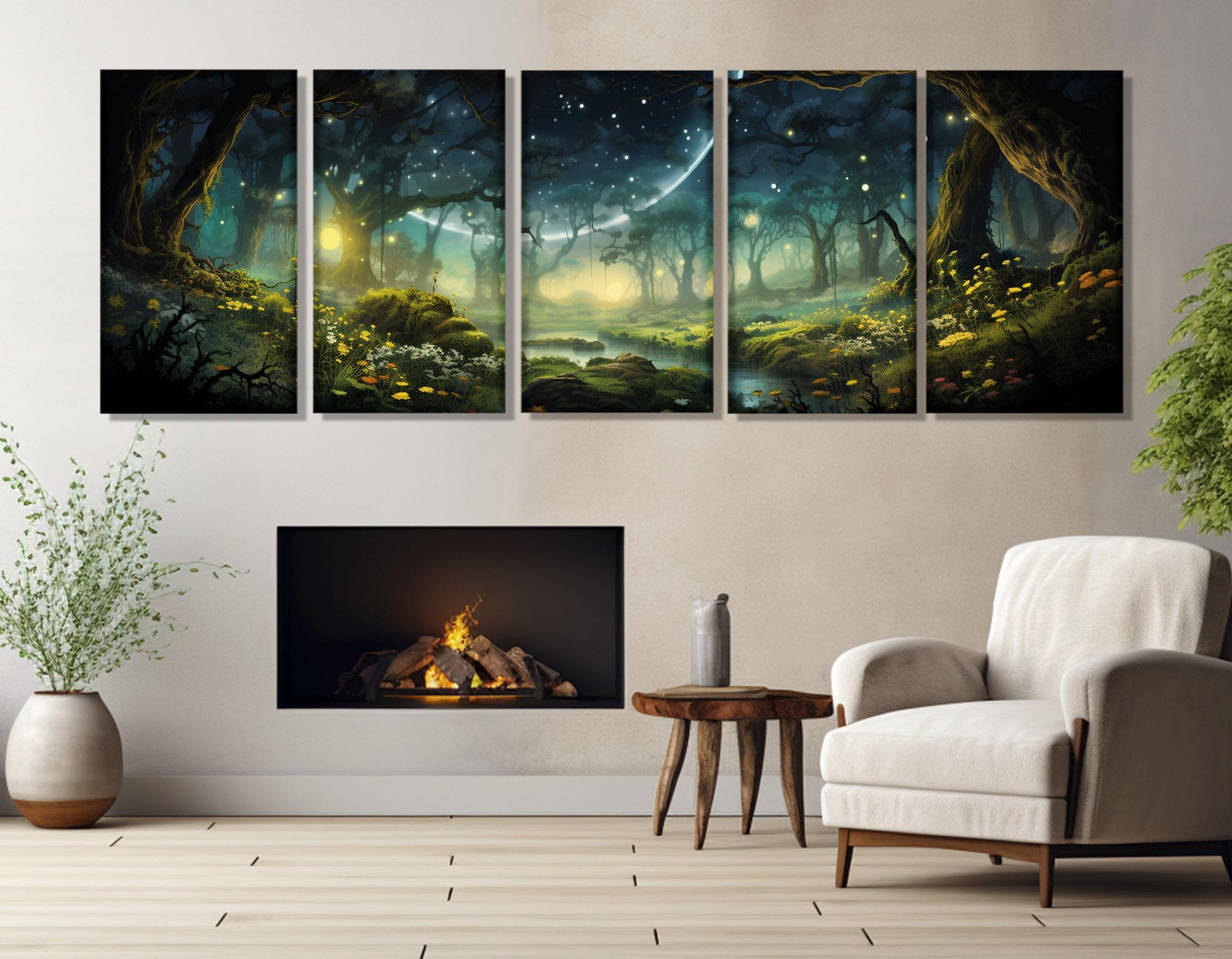 Fantasy Forest Painting Canvas Print, Fireflies in Forest Wall Art ...