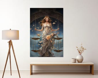 May include: A woman with long blonde hair wearing a white dress with floral accents stands on a scale with two pans. The scale is suspended from a decorative archway. The background is a dark blue and brown color.
