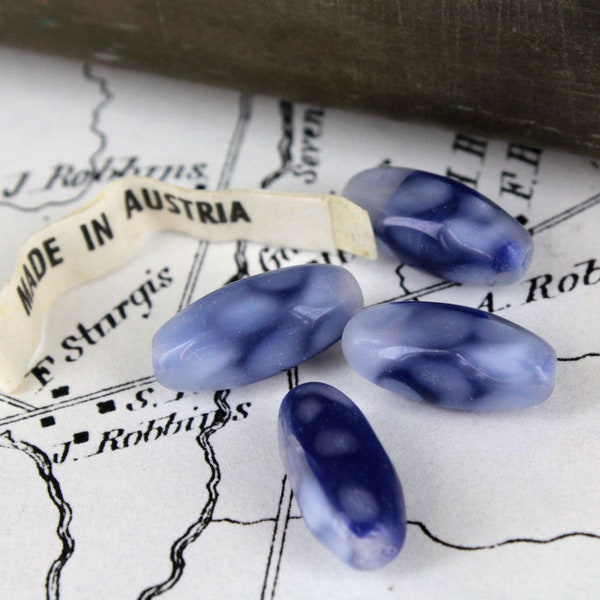 Vintage Austrian Striated Light and Dark Blue Glass Beads Set of 6