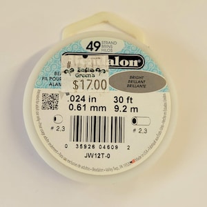 May include: A spool of Beadalon brand beading thread, labeled "Bright." The package includes 30 feet of .024 inch thread, with a diameter of 0.61 mm. The label also includes the text "Sadie Green's."