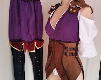 May include: A purple and brown costume with a corset, leggings, and a hooded top. The corset has a brown leather look with buckles and straps. The leggings are black with gold buttons. The top is purple with a white shirt underneath.