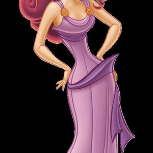 May include: A cartoon illustration of a character with long, voluminous magenta hair styled in a high ponytail. The character wears a floor-length, light purple sleeveless dress with gold circular accents at the shoulders and a dark purple sash.