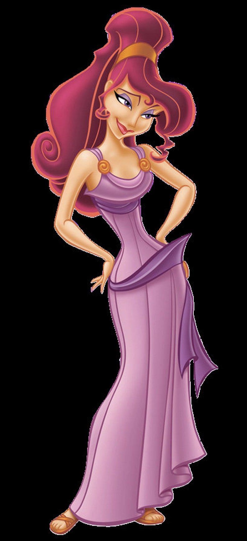 May include: A cartoon illustration of a character with long, voluminous magenta hair styled in a high ponytail. The character wears a floor-length, light purple sleeveless dress with gold circular accents at the shoulders and a dark purple sash.
