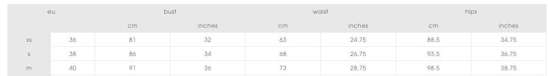 May include: A size chart table with columns for EU, bust, waist, and hips, providing measurements in both centimeters and inches for sizes XS, S, and M. The table lists EU sizes 36, 38, and 40 with corresponding body measurements in inches.
