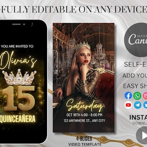 Editable Quinceañera Video Invitation: Sweet 15 Phone Invite (Digital Download)