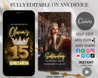 Puede incluir: Una plantilla de invitación digital para una Quinceañera. La plantilla presenta una corona dorada, el número 15 y el texto "Olivia's Quinceañera". La plantilla está diseñada para ser editada y compartida en las redes sociales.