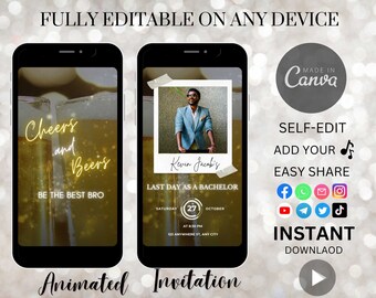 Animated Bachelor Party Invitation: Cheers & Beers Phone Invite (Canva Editable Digital Template)