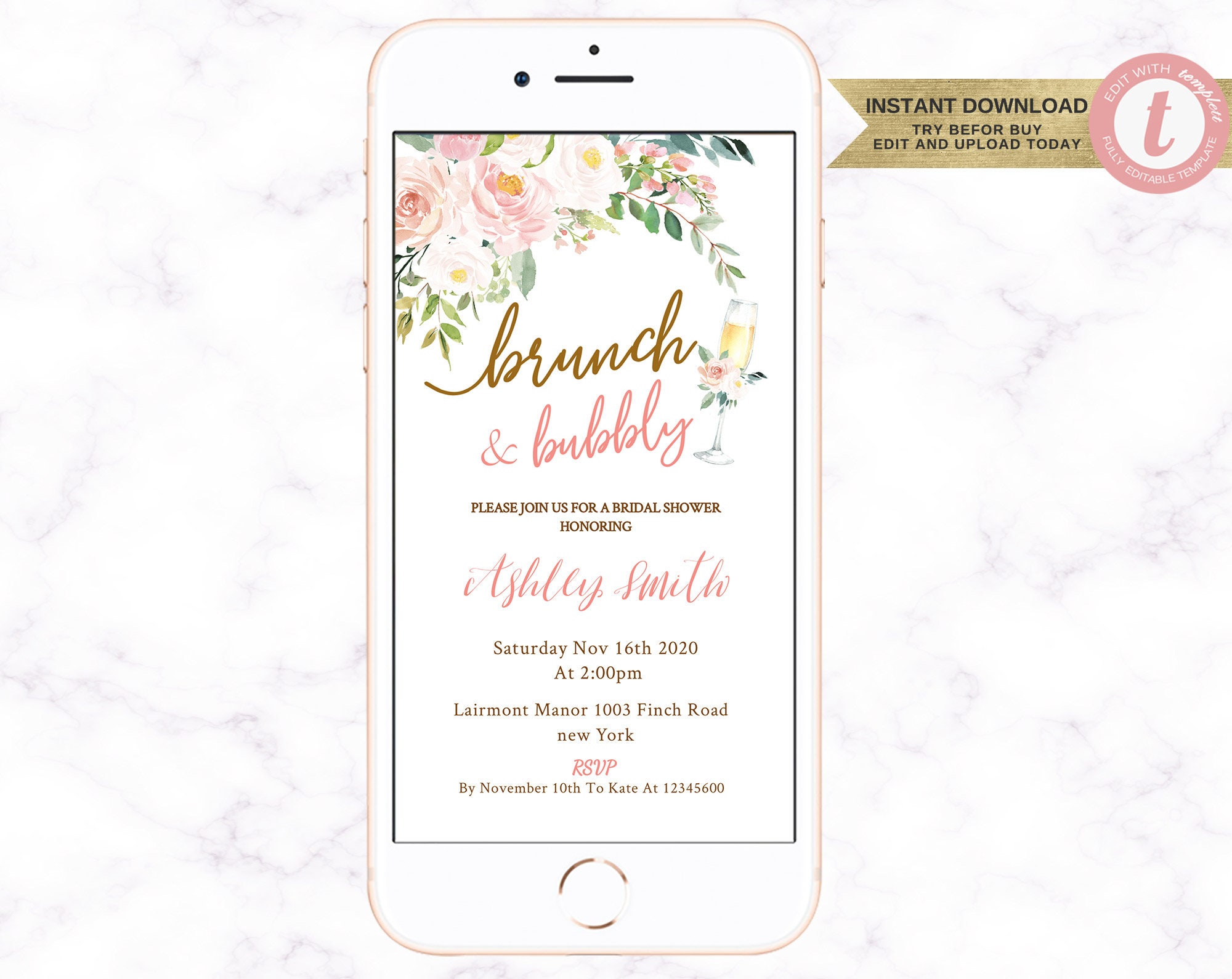 Electronic bridal shower invitation brunch and bubbly INSTANT Etsy