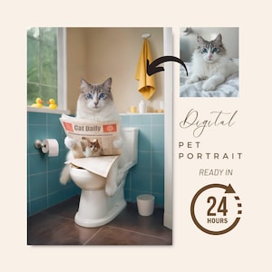 custom cat portrait by photo,Cat Sitting on Toilet, Cat Reads Newspaper, Funny Bathroom Art, Personalized cat Gift, pet portrait custom