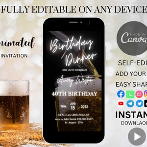 Birthday Invitation For Men-Instant Download-Phone Invite Texting Animated Background Invitation Canva Editable Digital Template Birthday N3
