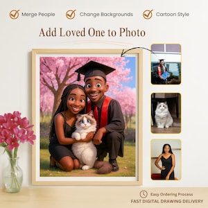 Personalized Graduation Gift, Cartoon Portrait with Cat, Custom Background, 3D Art Download Cat Lover Gift, Become a Pixar Character