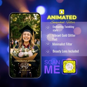 Filtro animado de graduación de Snapchat 2026, lente personalizada dorada para solteros con estrellas centelleantes, filtro minimalista de la clase de 2026, lente de realidad aumentada para graduados
