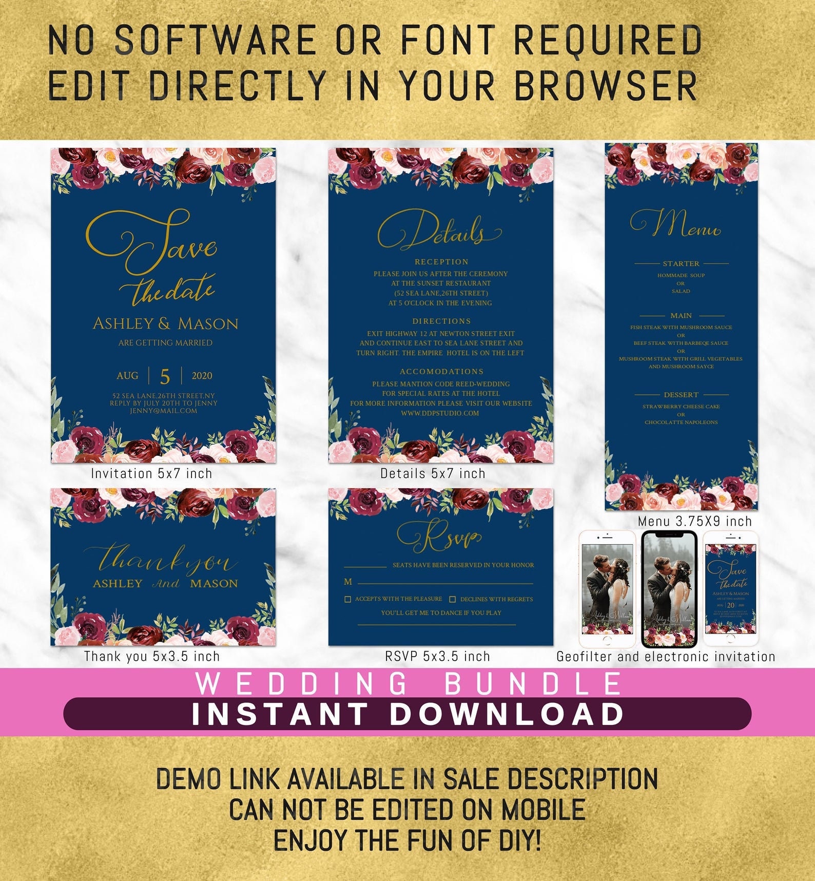 Electronic wedding invitation and rsvpINSTANT DOWNLOAD Etsy